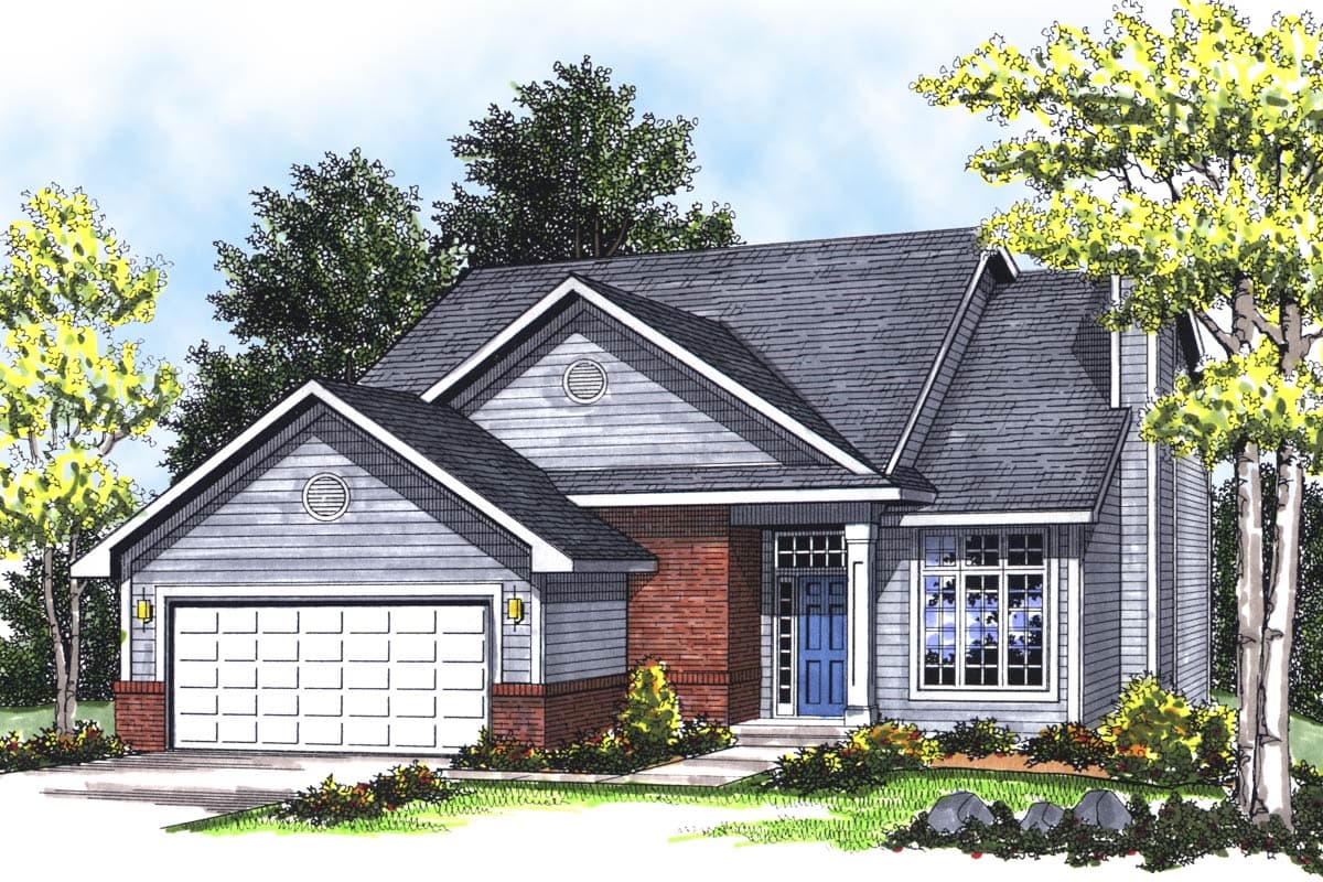 House plan exterior: One-story home with attached garage, prominent gables, brick accents, and a covered front entry.