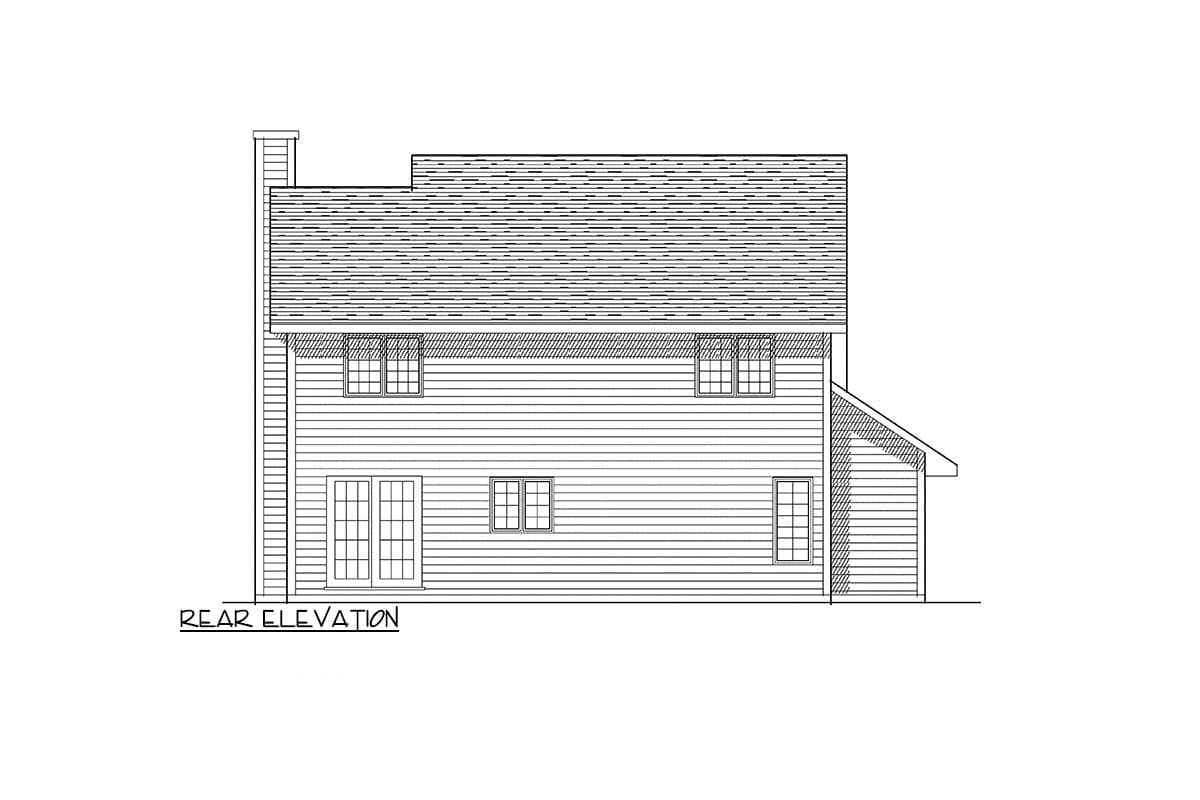 Rear elevation drawing of a house plan with double doors, multiple windows, and a pitched roof.