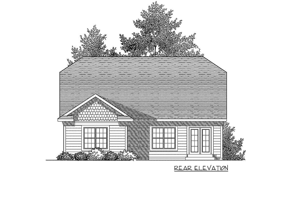 Rear elevation of a two-story house plan featuring a prominent gambrel roof, gabled dormer, and double doors.