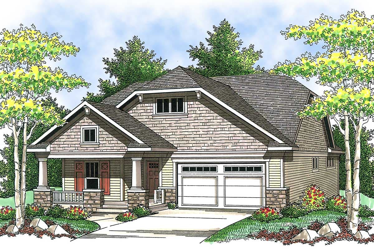 House plan exterior: two-story Modern Farmhouse with gabled dormers, covered front porch with stone accents, and a side-entry garage.