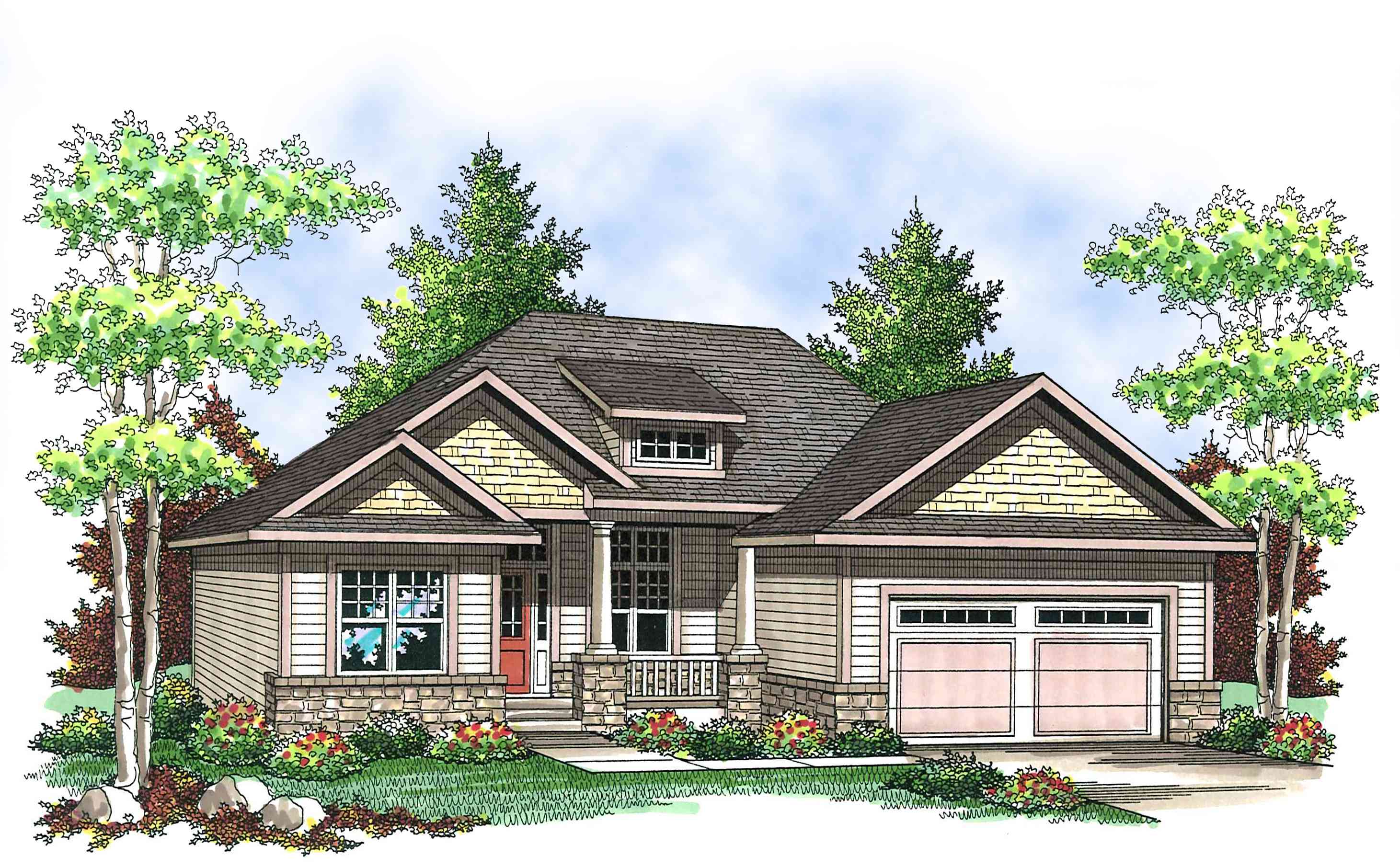 Craftsman house plan exterior with gables, dormer window, covered porch, and a two-car garage.