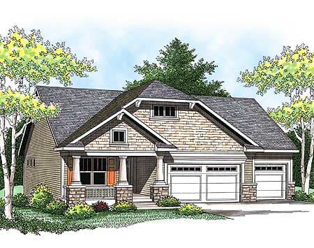 Craftsman style house plan exterior with a covered front porch, stone accents, and a three-car garage.