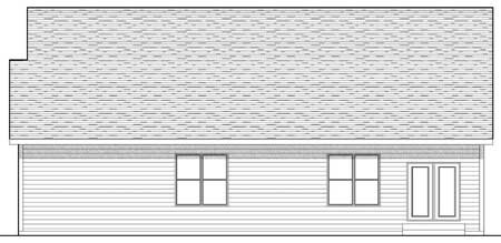 Side elevation drawing of a one-story house plan with two windows and double doors.