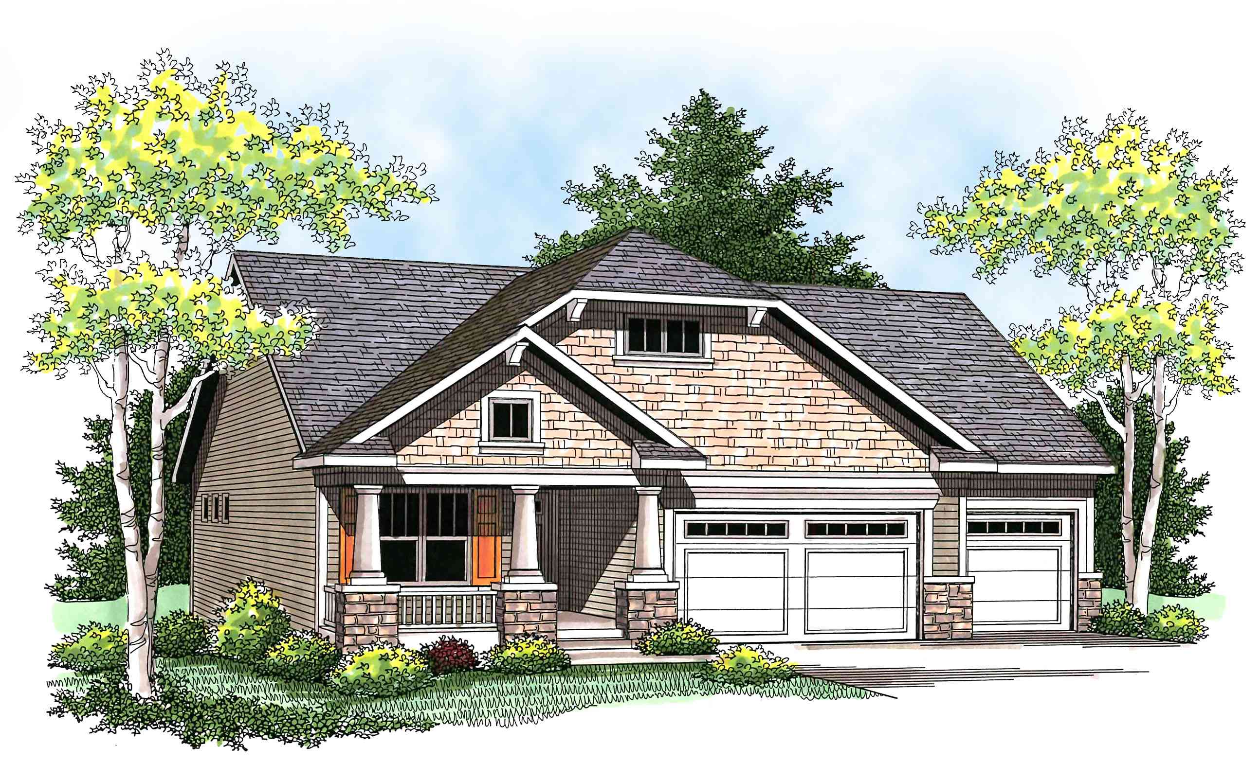 House plan exterior: Craftsman style, two-story, with covered front porch, dormer, and three-car garage.