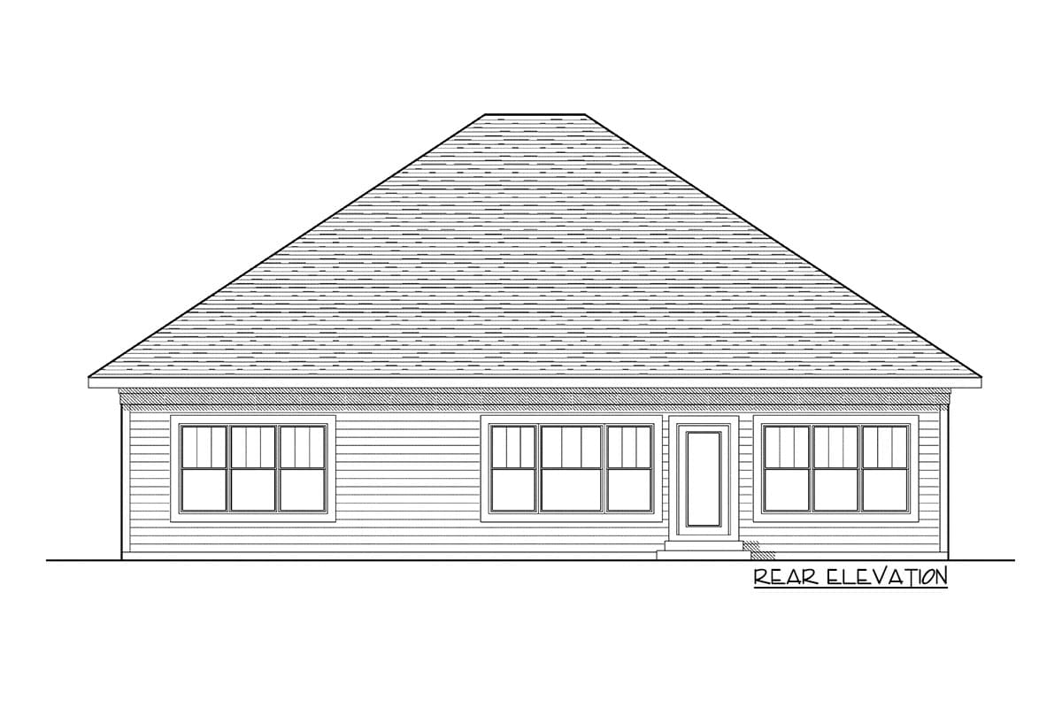 Rear elevation drawing of a house with horizontal siding, a prominent hip roof, and multiple windows.
