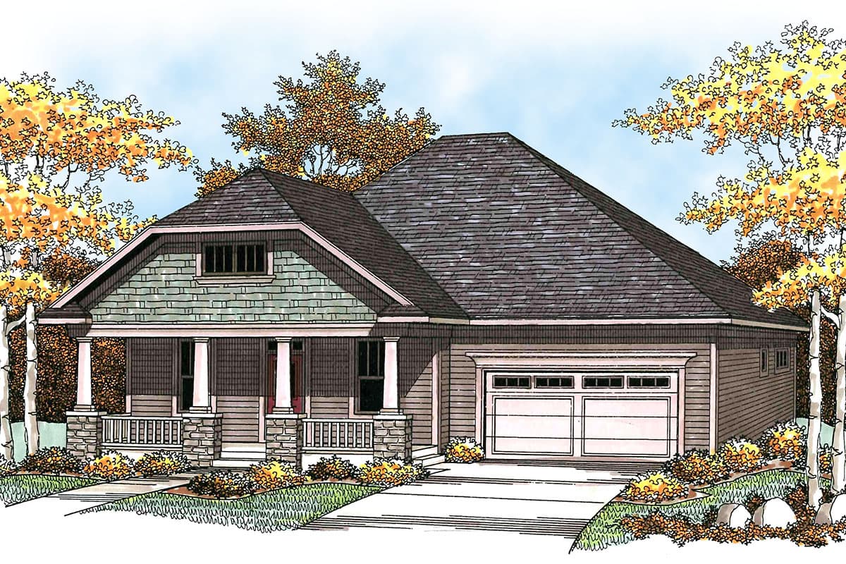 Craftsman style house plan exterior, one story, with covered front porch, gabled dormer, and side-entry garage.