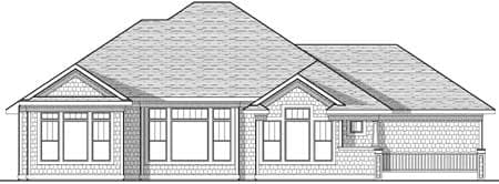 House plan exterior drawing showing a one-story home with multiple gables, prominent rooflines, and varied window styles.
