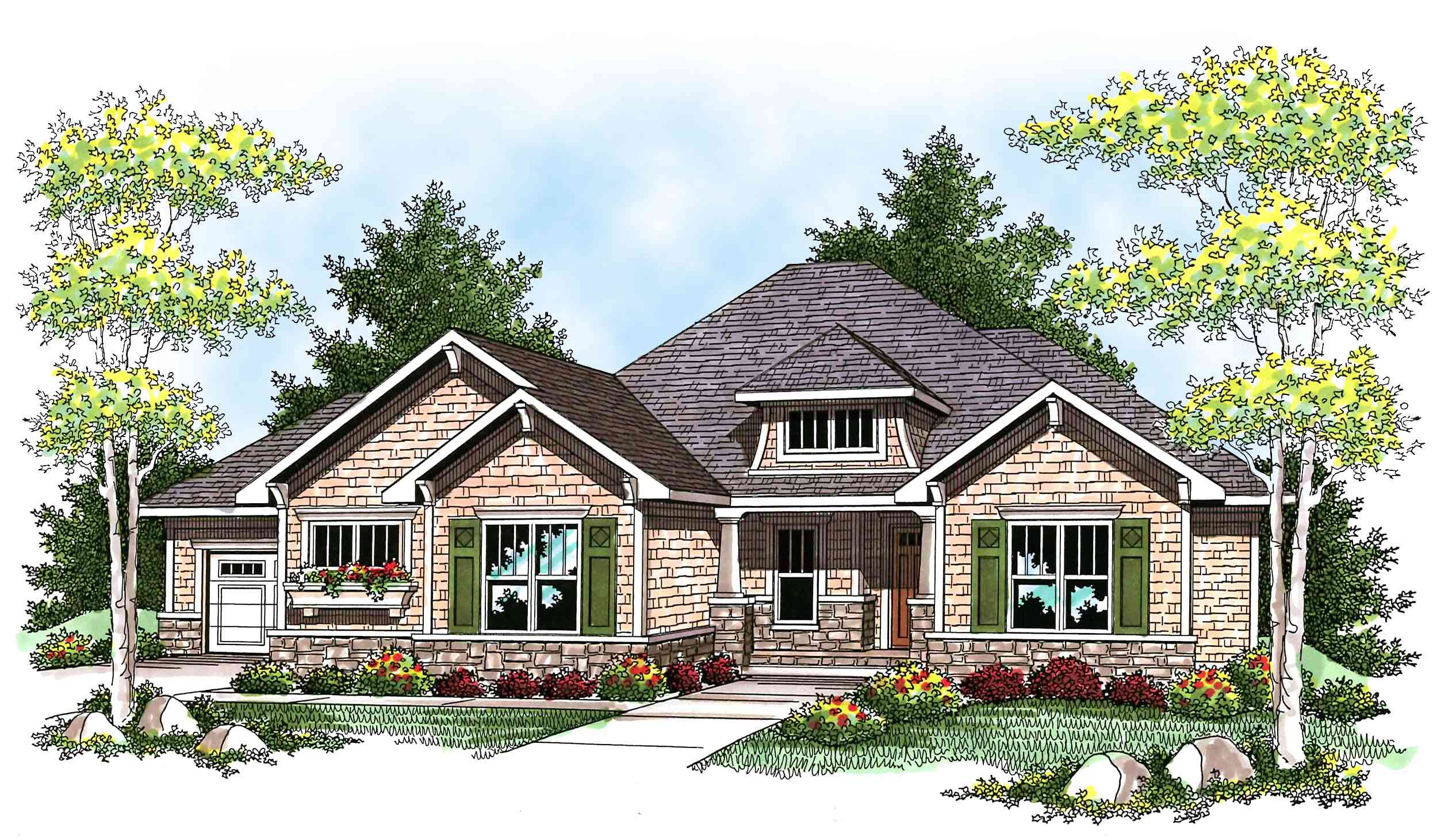 House plan exterior: One-story Modern Farmhouse with a prominent dormer, covered entry porch, and side-facing garage.