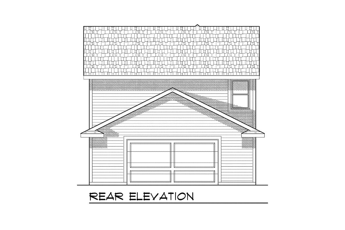 Rear elevation drawing of a house with a pitched roof, gable, siding, and double garage door.