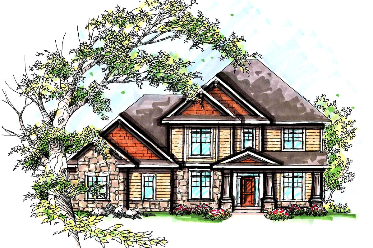 House plan exterior: Two-story home with stone and shingle facade, gabled dormers, and covered front porch.