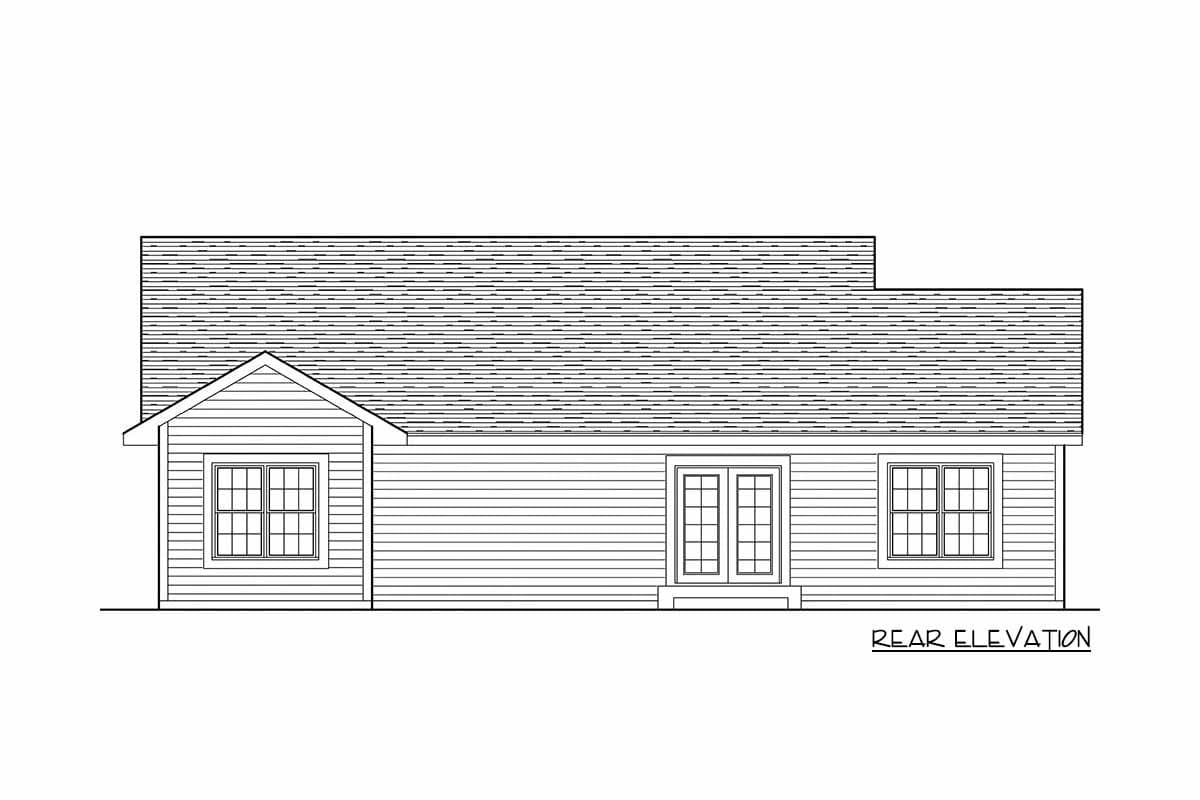 Rear elevation of a single-story house plan, showing a gable, double doors, and two windows.