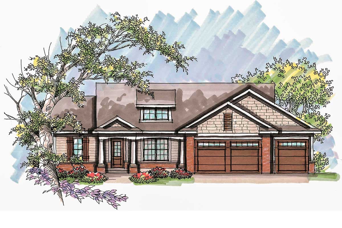 House plan exterior: Ranch style, covered front porch with columns, dormer window, and a three-car garage.