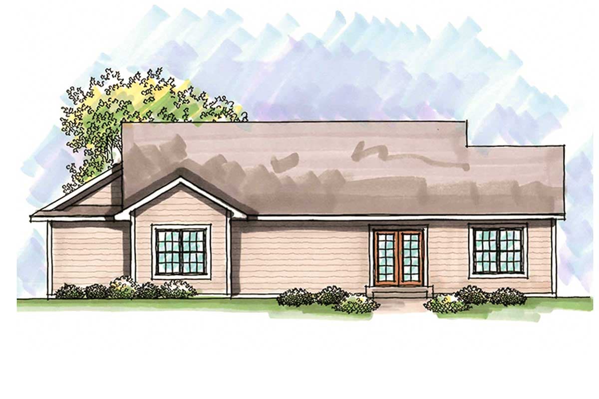 House plan exterior of a one-story home with a gable roof, double doors, and three windows.