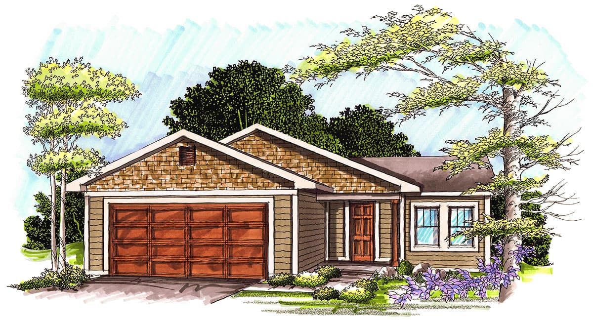 House plan exterior with Craftsman style. Features include a front-facing garage, gables, and a shingle-covered roofline. One-story home.