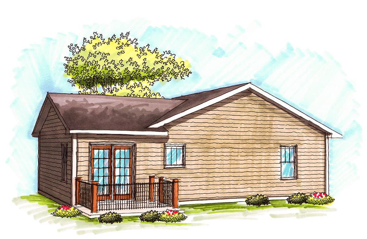 House plan exterior: one-story dwelling with horizontal siding, gable roof, French doors, and a small wooden deck.