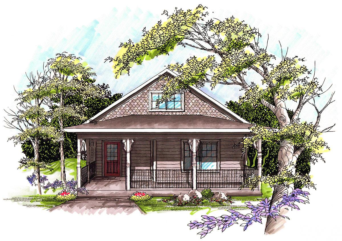 House plan exterior: One-story Craftsman-style home with a full-width front porch, gabled dormer, and shingle siding.