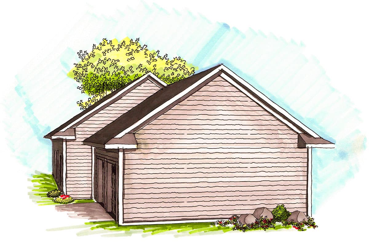 House plan exterior drawing of a two-car garage with horizontal siding, gable roofs, and dark trim.