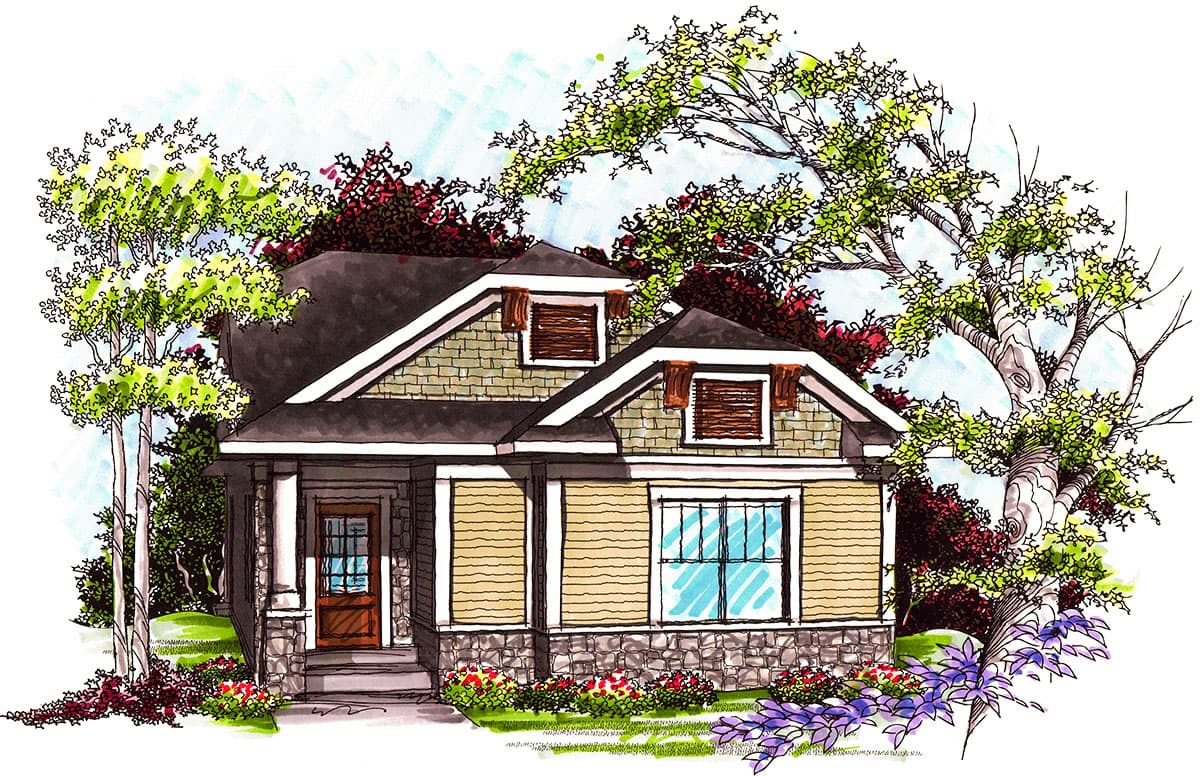 House plan exterior: Craftsman style one-story home with gabled roof, two dormers, and front porch with stone foundation.