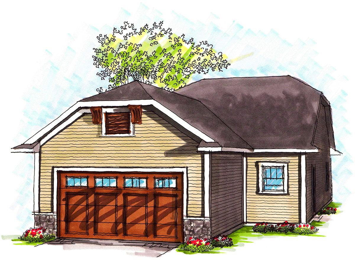 House plan exterior: Single-story garage with wide wood doors, dormer window, and stone foundation accents.