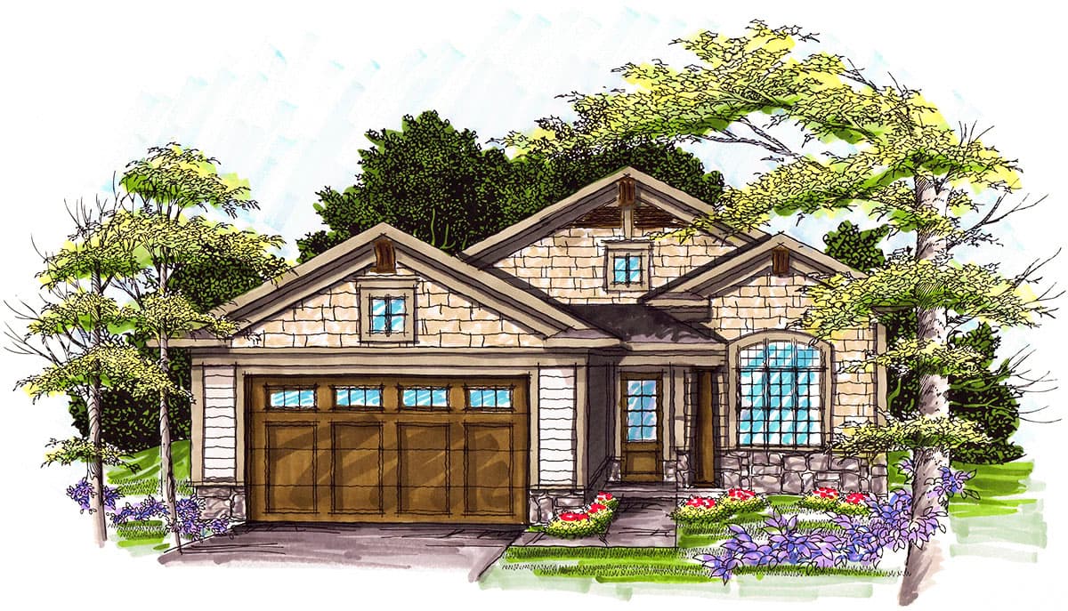 Craftsman house plan exterior with a single story, gabled roof, stone accents, and a front-facing garage.