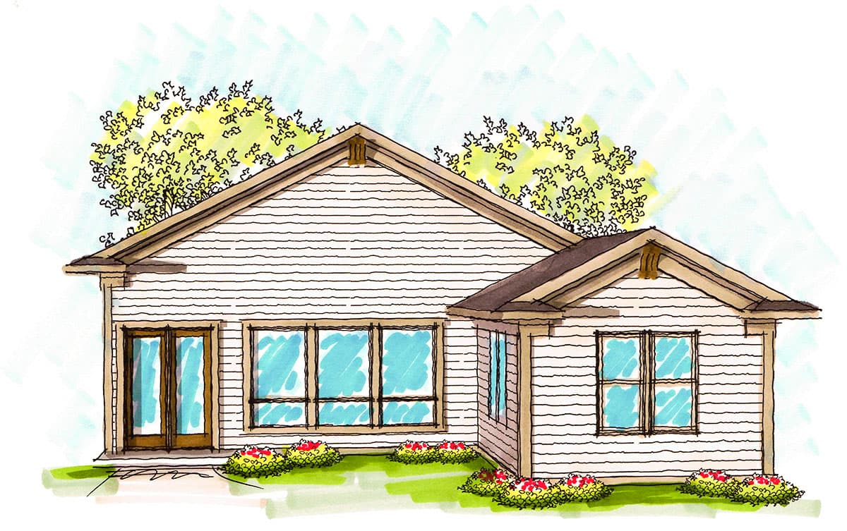 House plan exterior shows a single-story home with horizontal siding, gables, and double front doors.