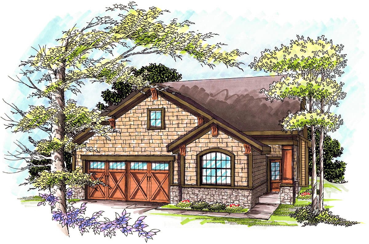 House plan exterior. Craftsman style, single story home with gabled roof, stone facade, and a two-car garage. Features arched window and dormer.