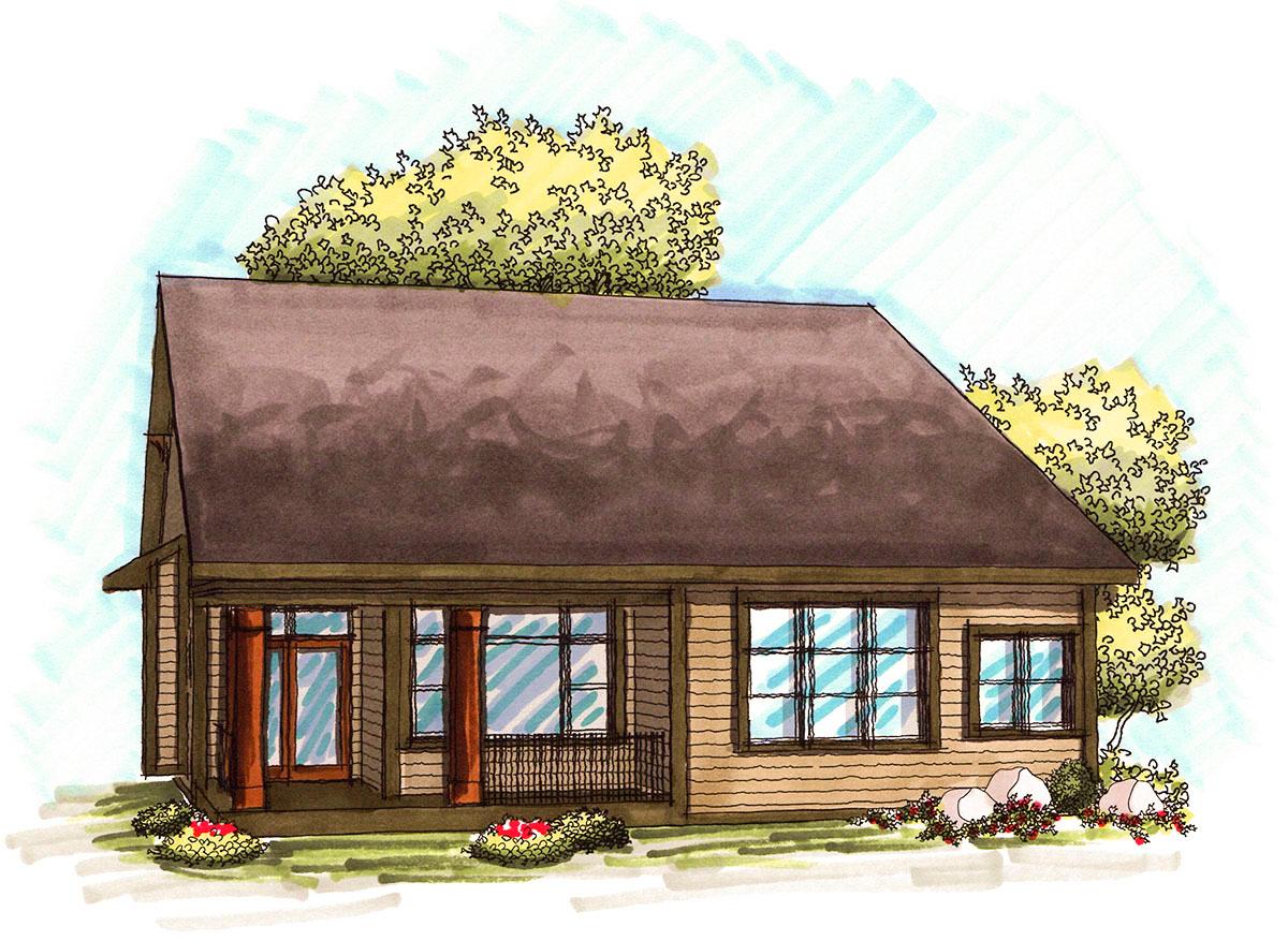 House plan exterior: One-story home with a covered porch, wood siding, and a prominent gable roofline.