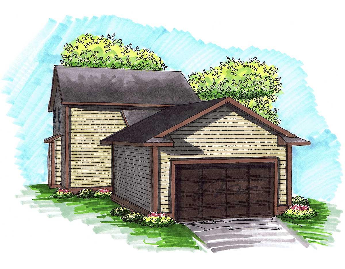 Architectural rendering of a two-story house plan with a detached garage, showcasing horizontal siding, gabled roofs, and decorative trim.