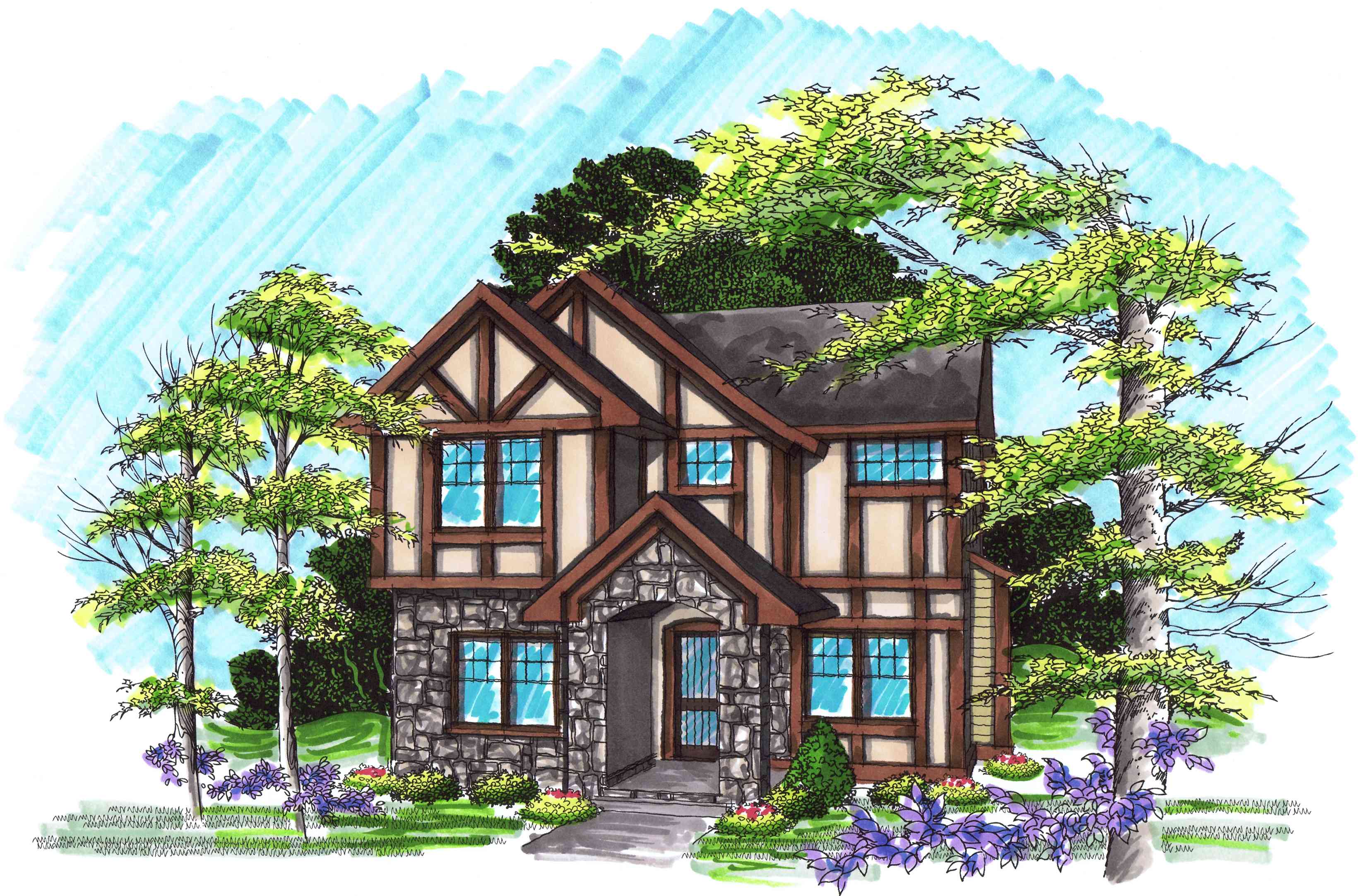 Tudor-style house plan exterior with stone base, half-timbering, multiple gables, and prominent entryway.
