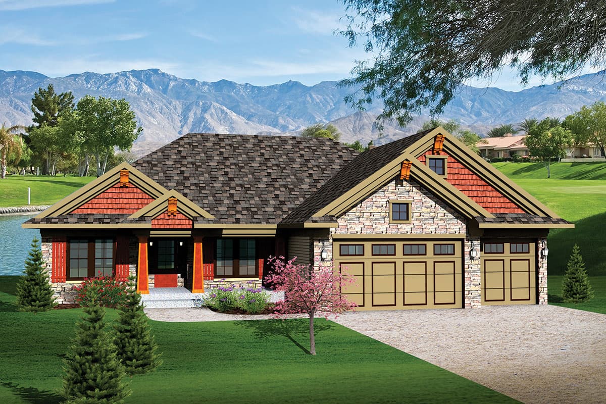 House plan exterior: single-story home with a covered front porch, stone and shingle accents, and a three-car garage.