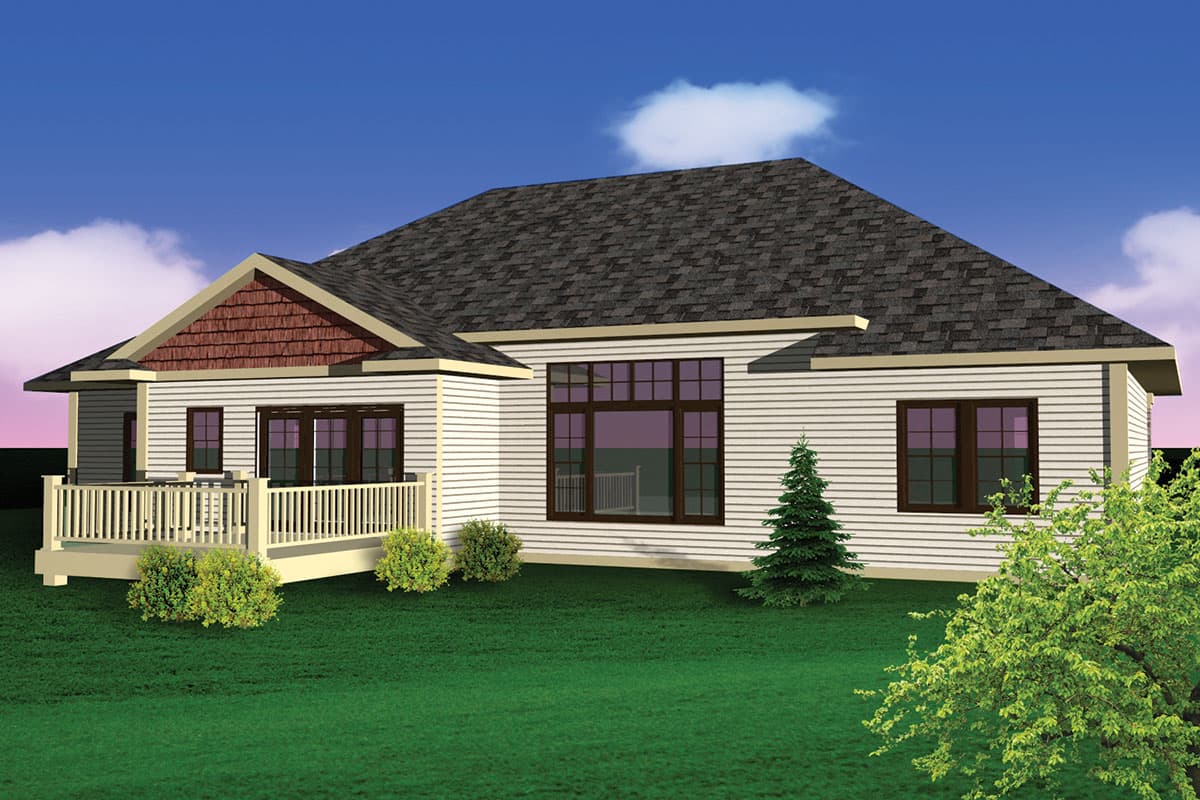 House plan exterior of a single-story home with a gabled front, a deck, and large, multi-paned windows.