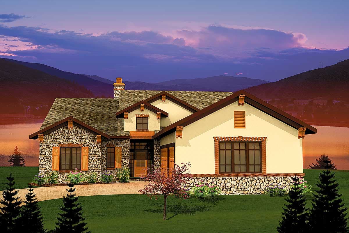 House plan exterior. Stone and stucco exterior with gabled roof, garage, and chimney. Includes stone accents around the foundation and windows.