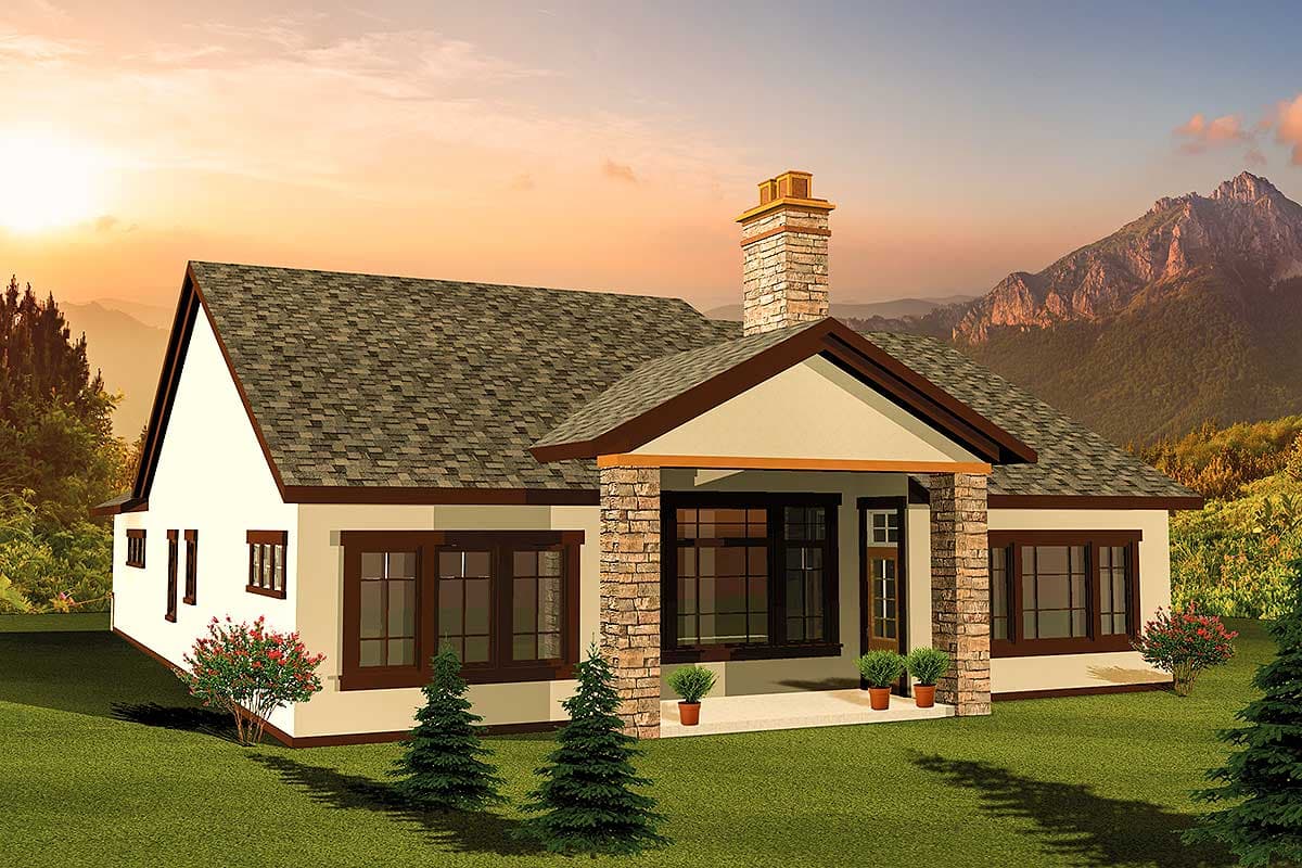 House plan exterior: Single-story home with a prominent stone chimney, covered porch with stone pillars, and a gable roofline.