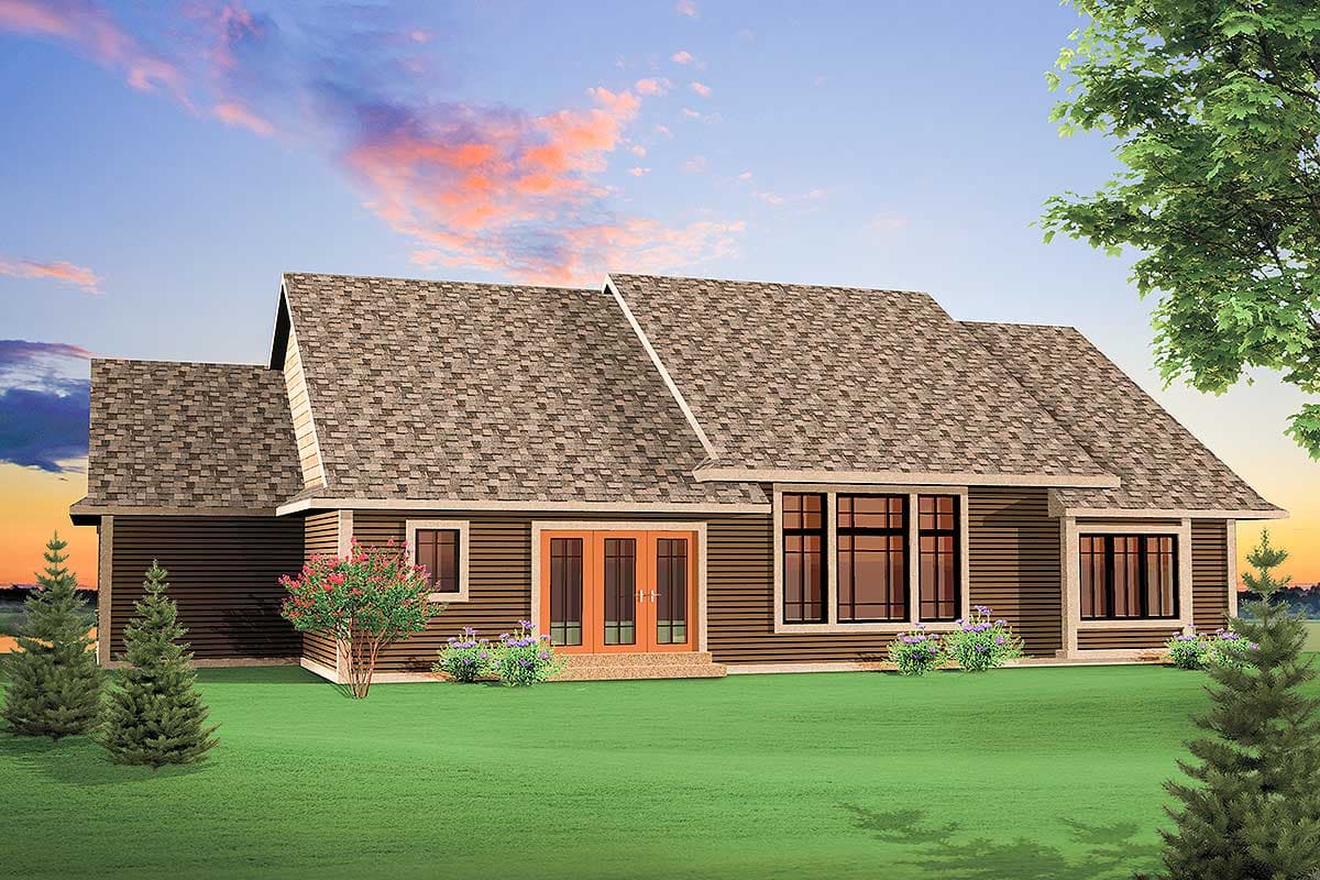 House plan exterior view showing a one-story home with a prominent gable, large windows, and double doors.