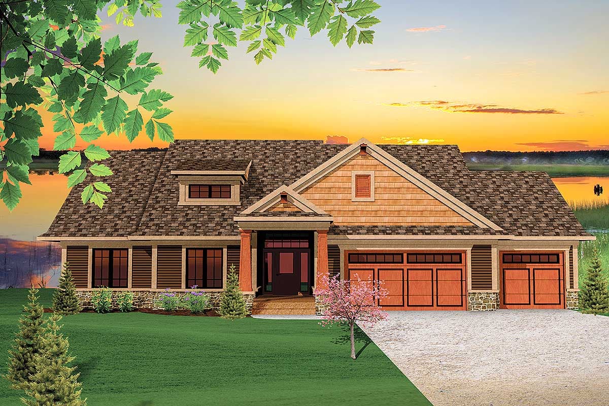 House plan exterior of a one-story Modern Farmhouse with a dormer, prominent gable, and a three-car garage.