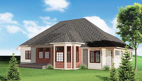 House plan exterior: single-story home with mixed siding, bay window, and covered porch.