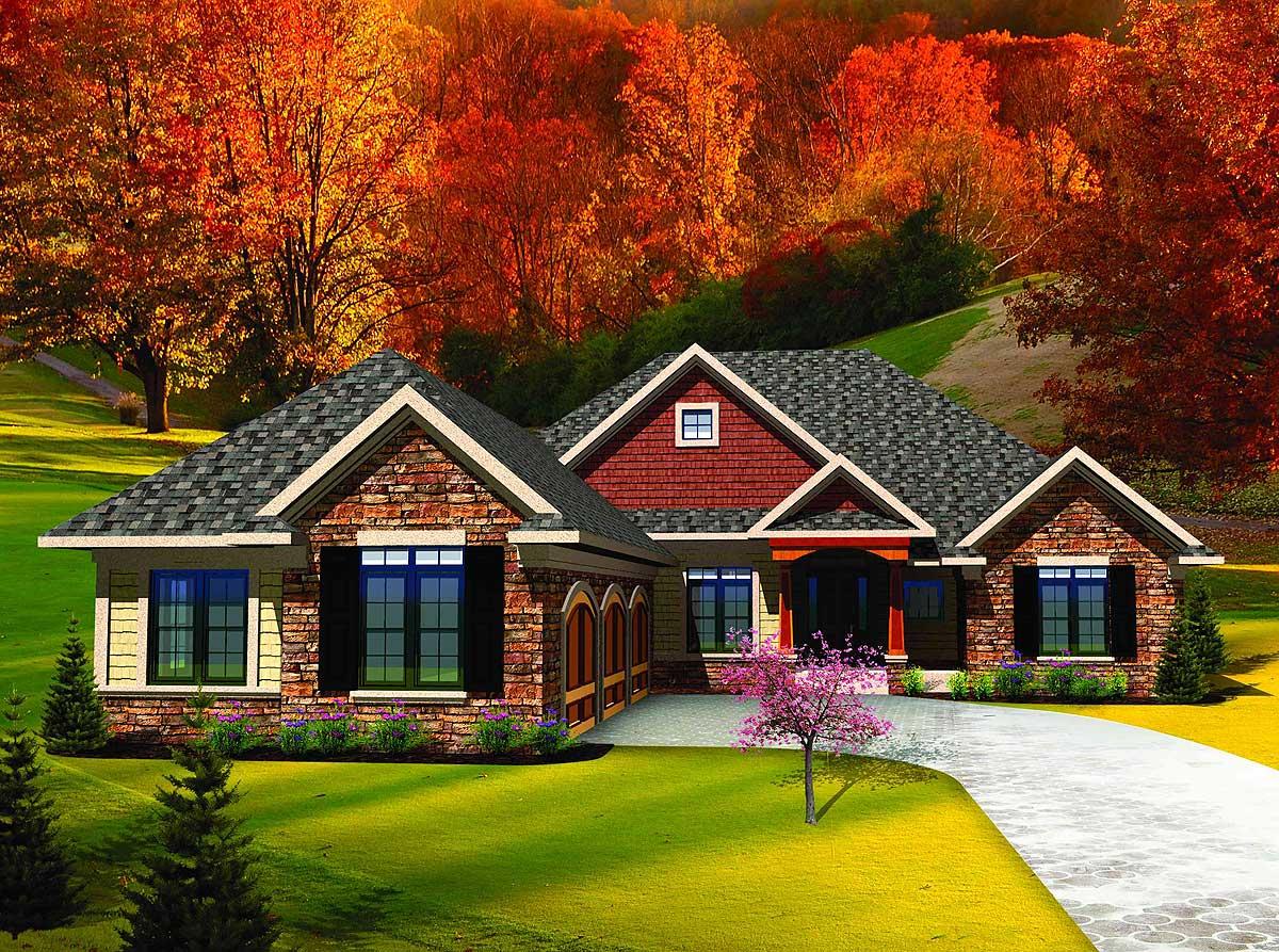 House plan exterior: Ranch style with stone accents, prominent gables, and a three-car garage with arched doors.