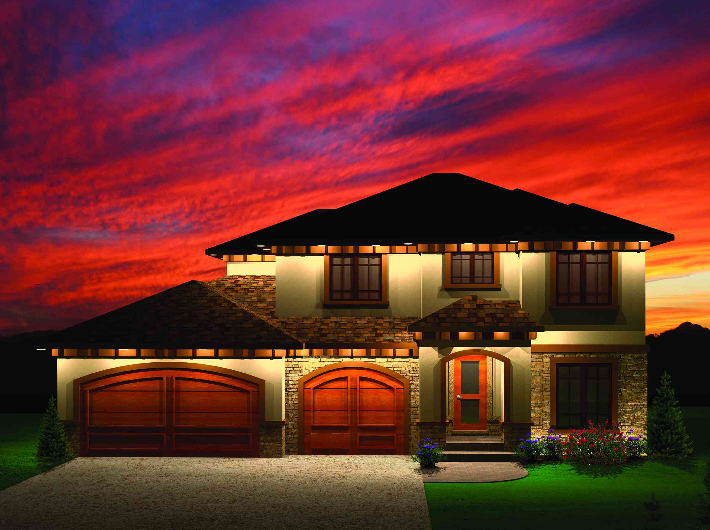 House plan exterior: Two-story home with stucco, stone accents, arched double garage doors, arched entryway, and multi-level rooflines.