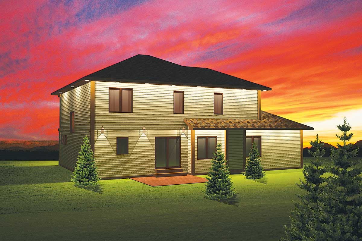 Two-story house plan exterior with vinyl siding, gabled roof, covered patio, and multiple windows.