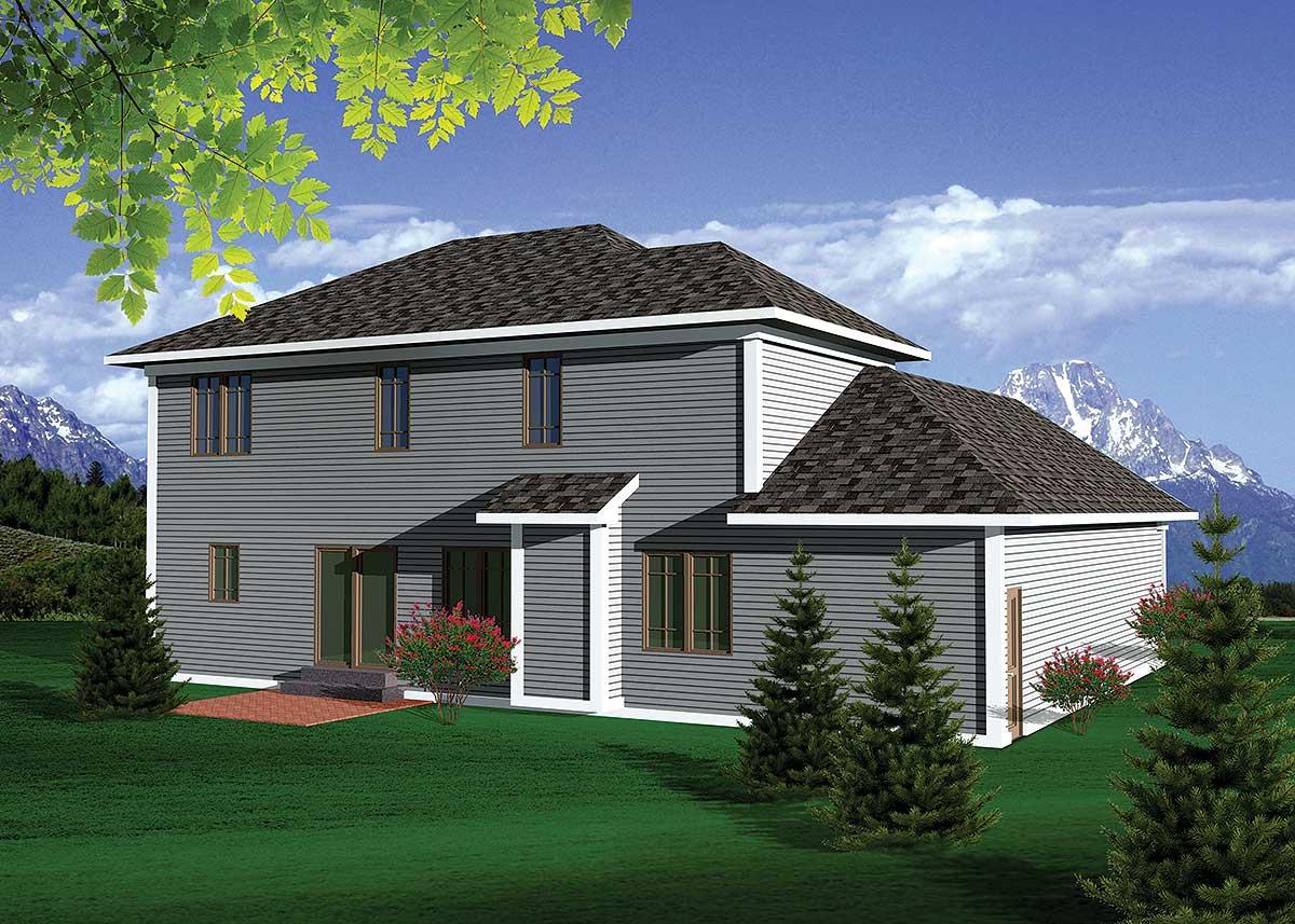 House plan exterior view of a two-story home with gray siding, multiple gables, and a side-facing garage.