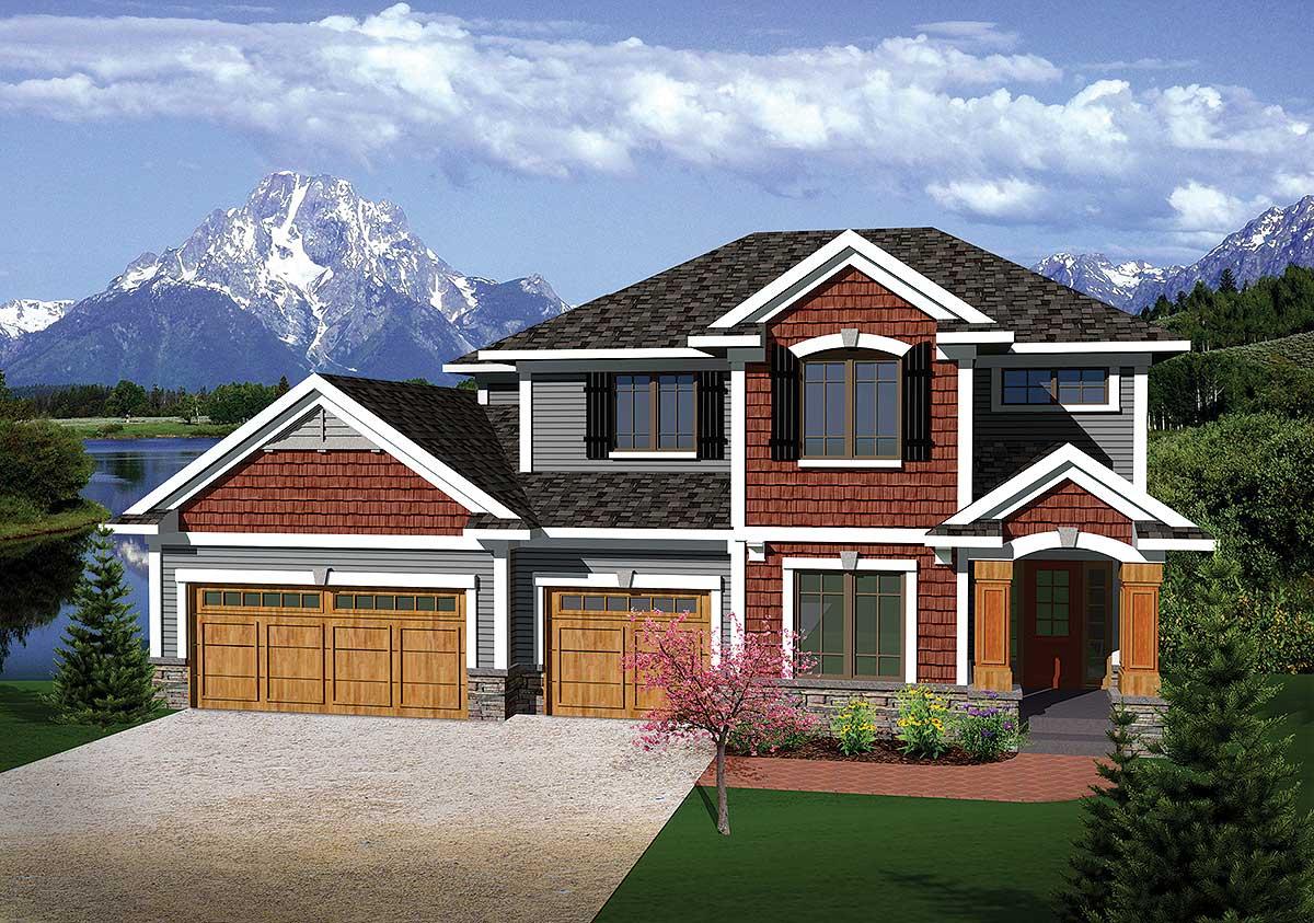 House plan exterior: Two-story home with a side-entry three-car garage, dormers, and shake siding accents.