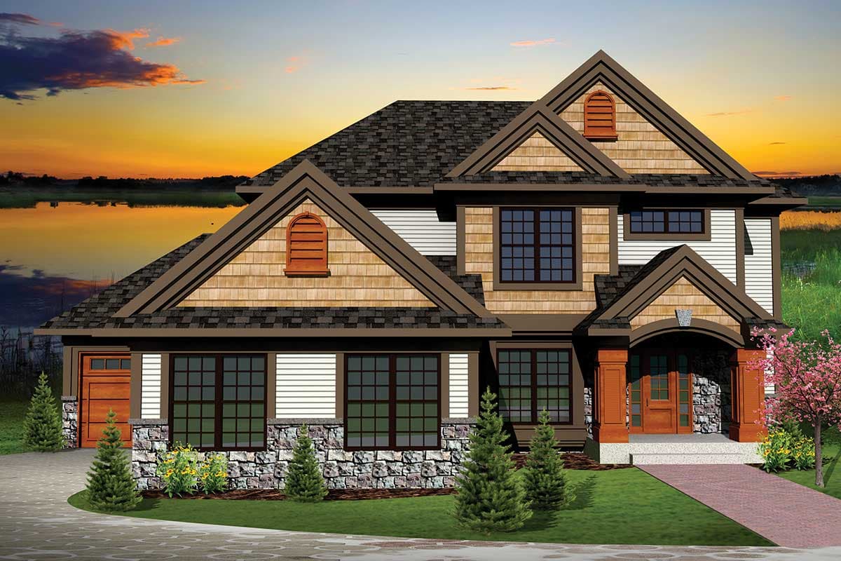 House plan exterior featuring multiple gables, stone foundation, cedar shake siding, and a covered entryway with timber columns.
