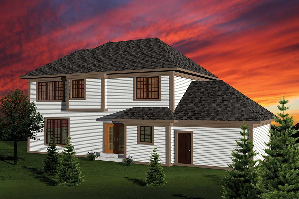 House plan exterior of two-story home with white siding, dark roof, multiple gables, and double front doors.