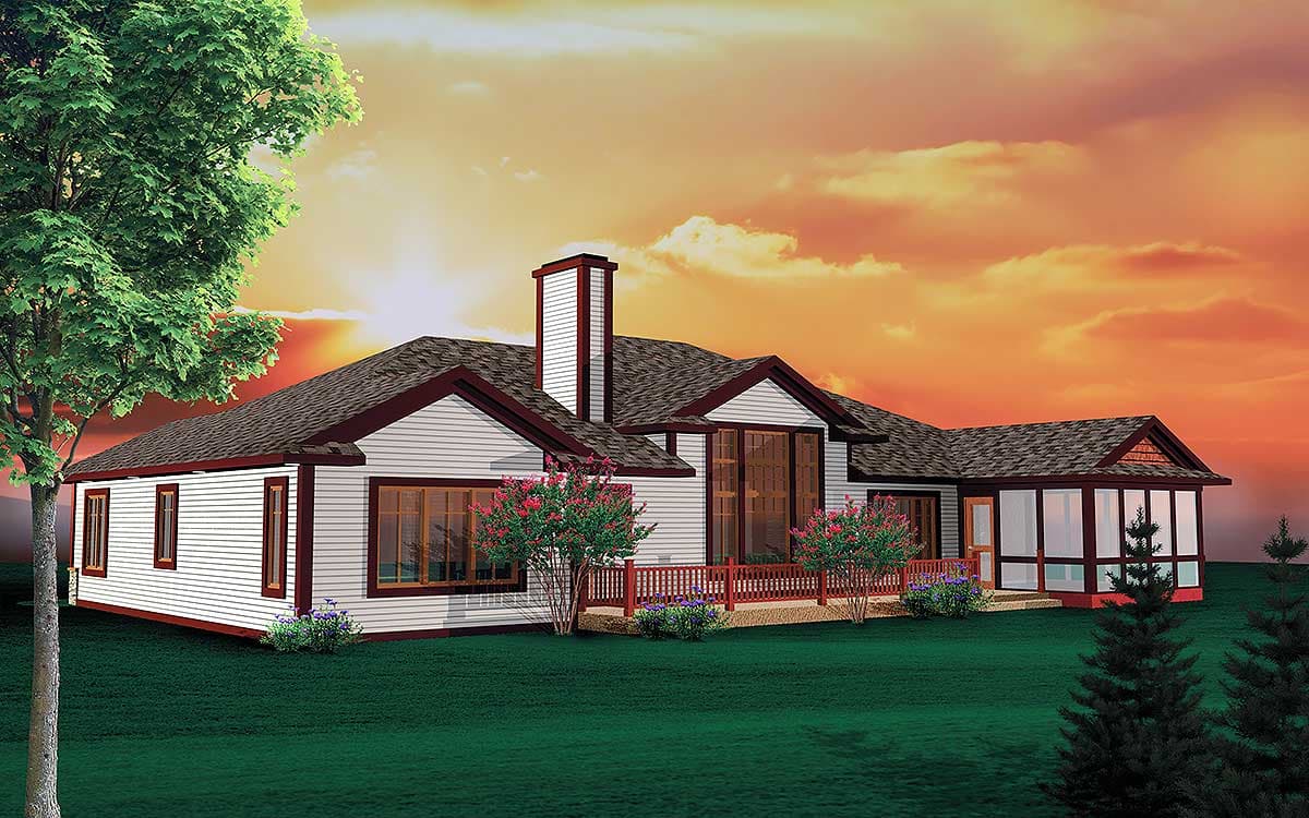 House plan exterior: Single-story Modern Ranch style with white siding, prominent chimney, and a sunroom.