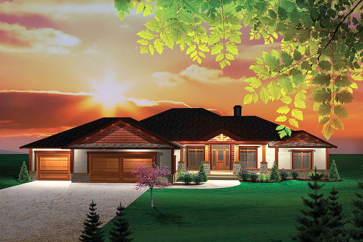 House plan exterior. Ranch style with a two-car garage, multiple gables, and a prominent front entry porch with columns.
