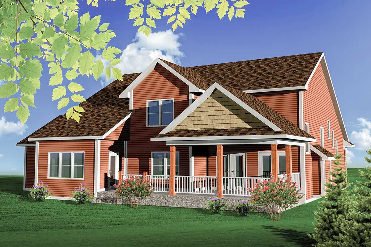 House plan exterior rendering showing a two-story home with a covered porch, gable rooflines, and shingle accents.