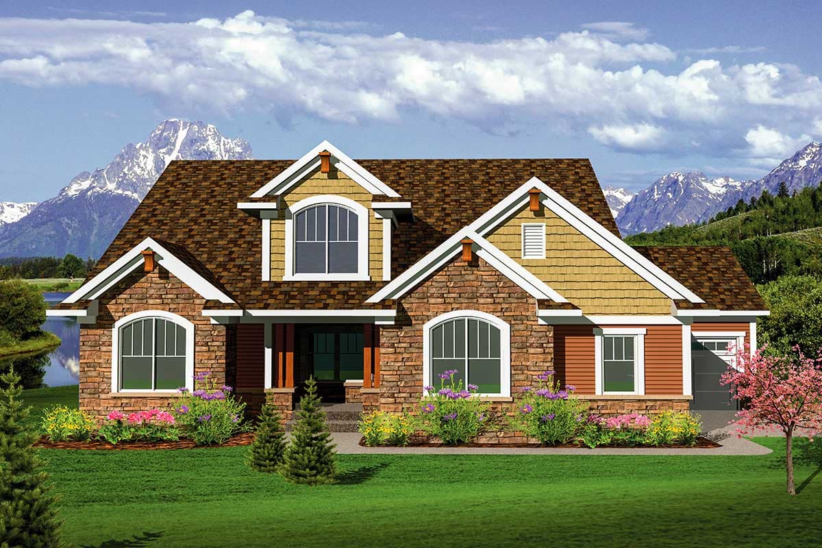 House plan exterior with stone veneer, gabled roof, and dormers. Features include arched windows and an attached garage. Two-story design.