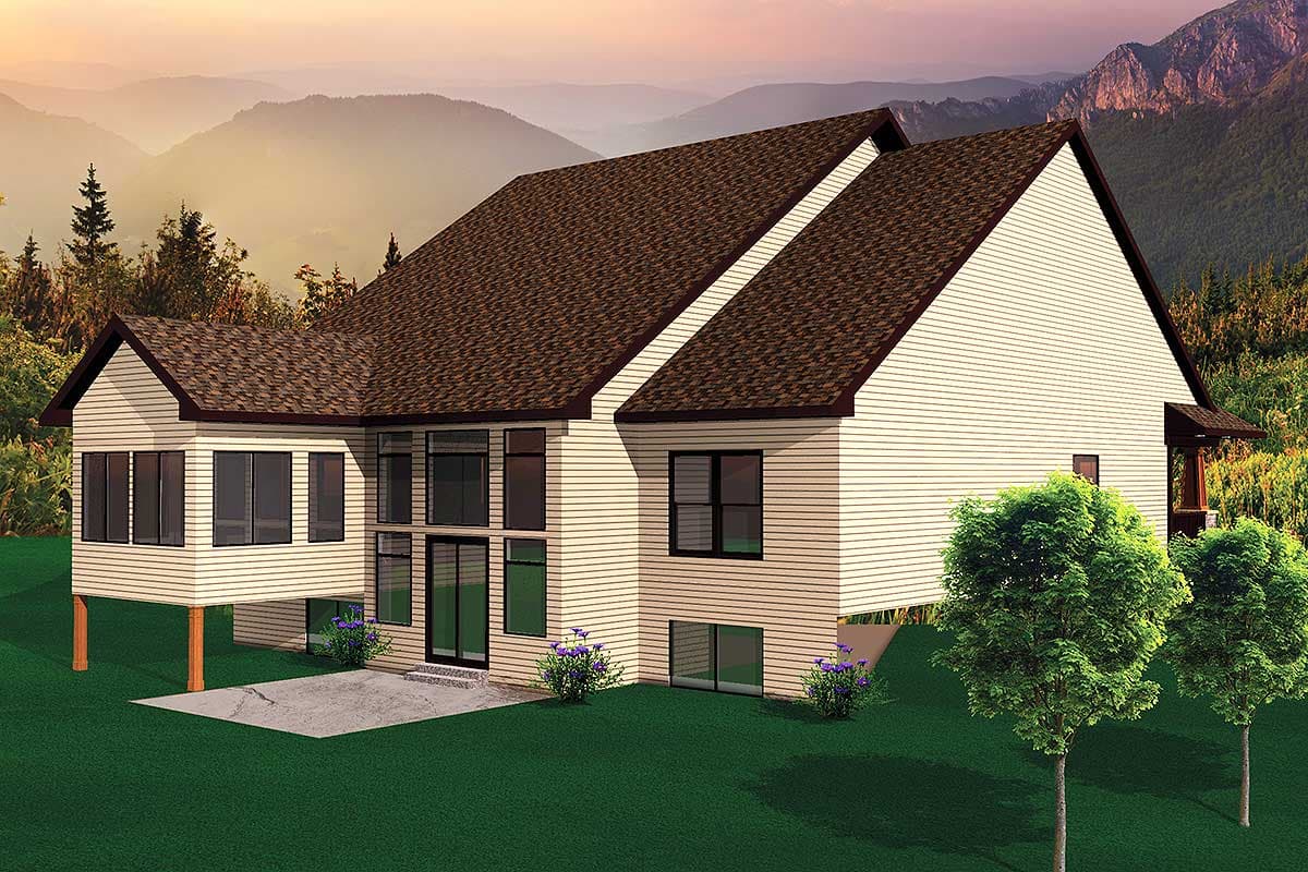 House plan exterior: Two-story design with gabled roof, large windows, sunroom, and side entrance.