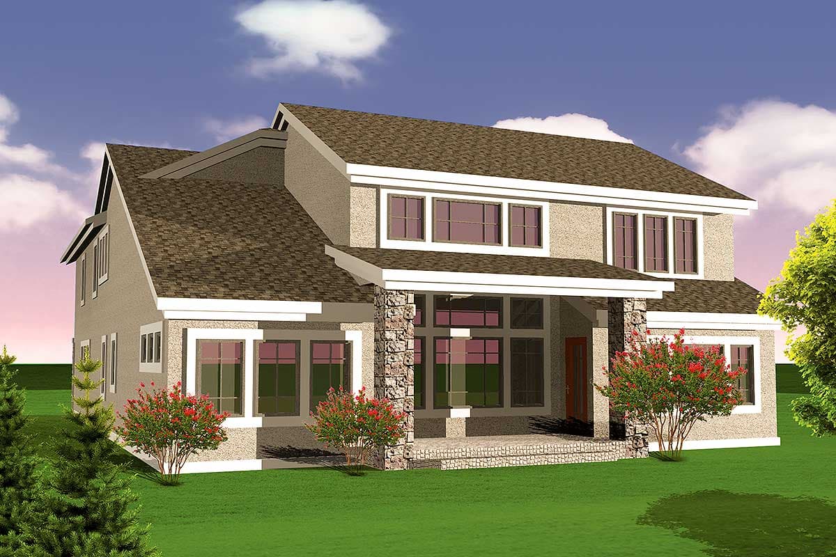 House plan exterior with multiple gables, a stone-clad porch column, and a mix of stacked and horizontal windows.