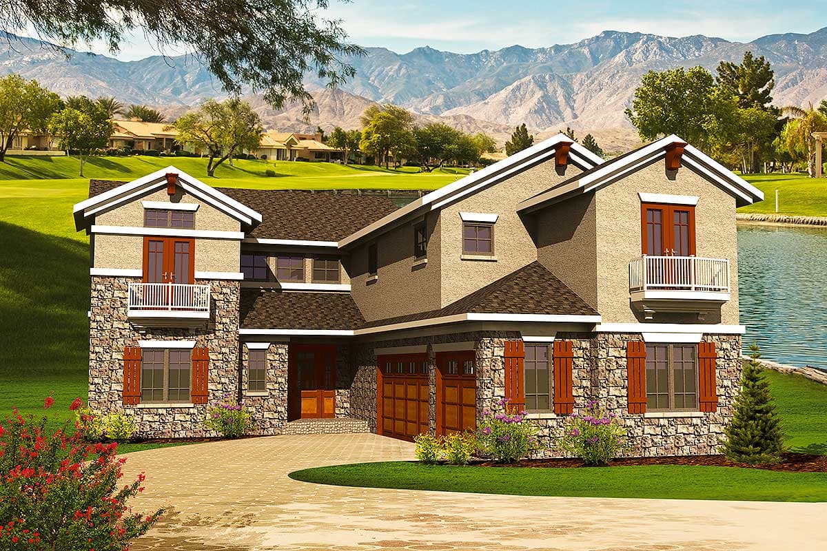 House plan exterior with two stories. Features include stone veneer, balconies, and a two-car garage. Set against a mountain backdrop.